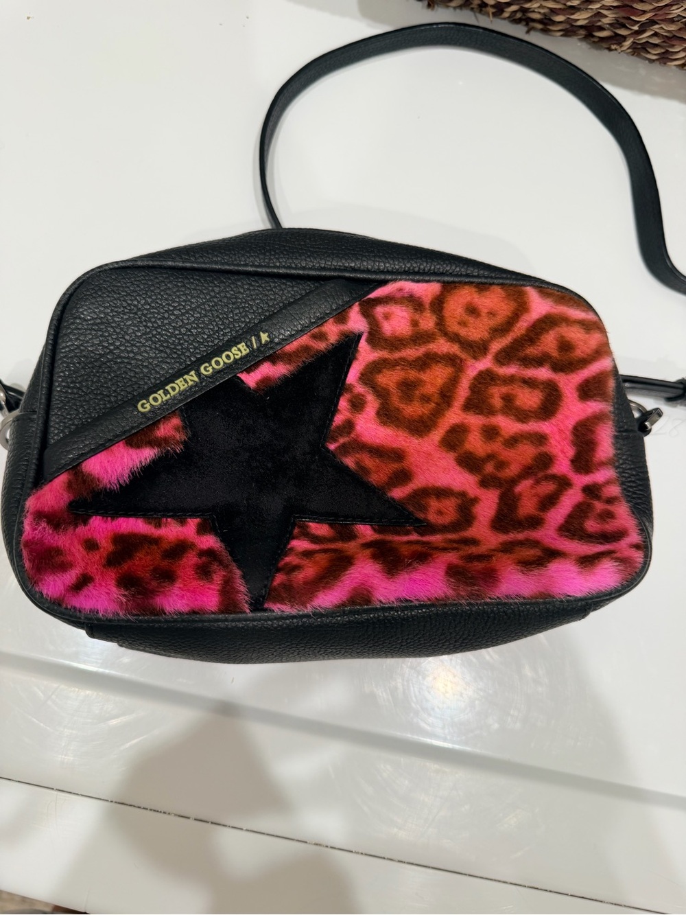 Golden Goose Black Leather Crossbody with Pink and Orange Leopard Panel